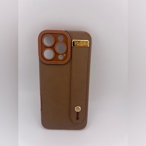 iPhone 16 Pro Max Case/Brown Textured Faux Leather with Gold Accents/Hand Strap - Picture 5 of 8